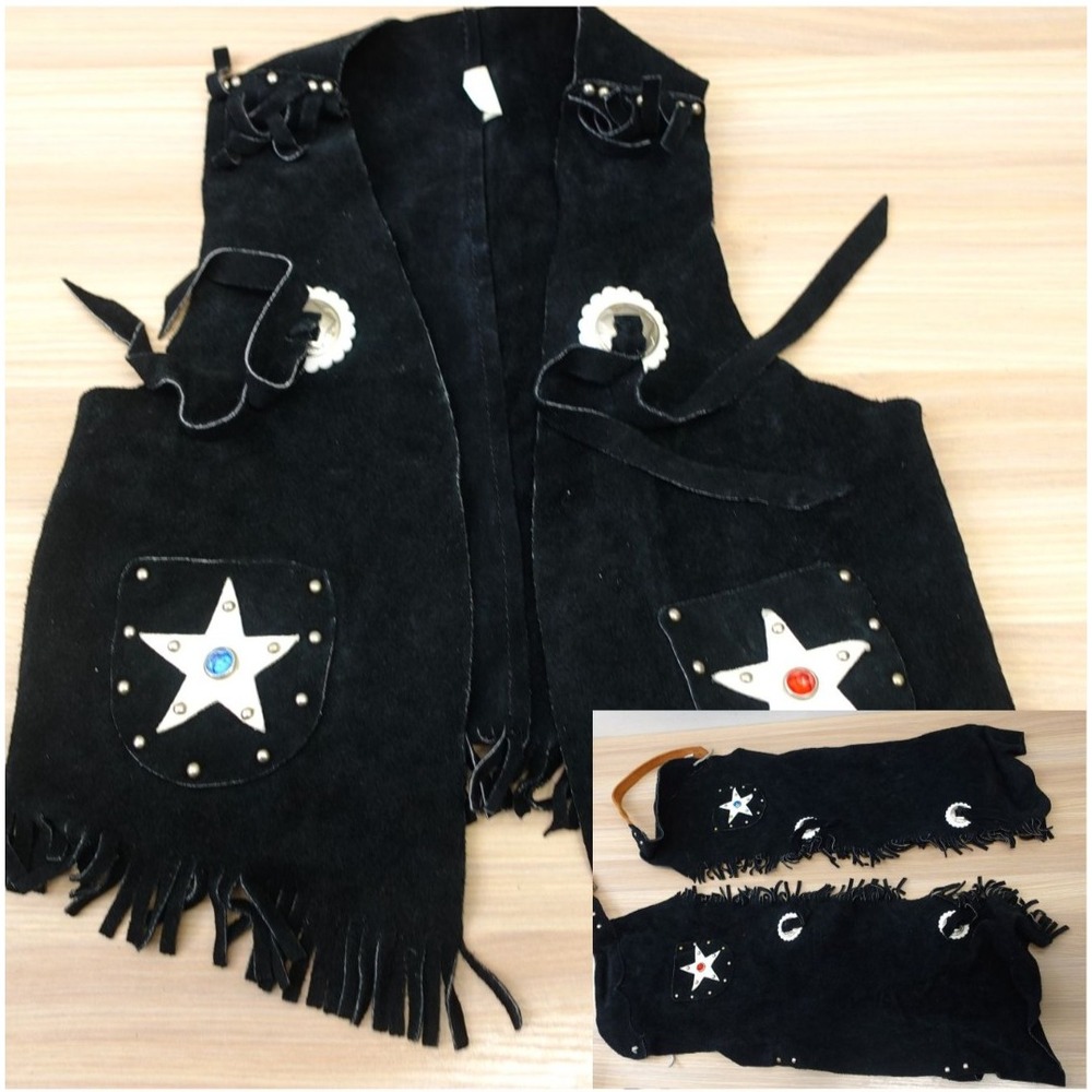 Vintage Cowboy Vest Chaps Set Boys M Black Suede Studded Fringe Halloween‎ USA